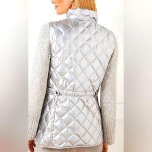 Talbots Metallic Silver Puffer Vest Duck Down Filled Pockets Full & Zip Snap S